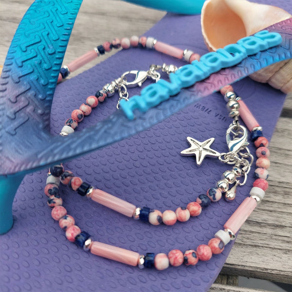 ﻿Super cute beach anklet, handmade with pink & blue marble effect natural stone beads, s silver hematite & stone discs with pink shell tubes.  Each anklet has sterling silver plated fastenings, lobster clasp & starfish (nickel free) charm  Length - 24cm extends to 27cm  Perfect gift for any surf chick!  **Presented in lovely Kraft paper gift box with reusable organza pouch**   **To keep your quaypieces looking great, always take me off before showering or swimming.