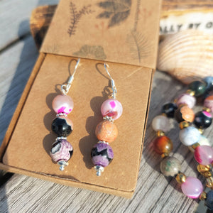 Lovely handmade multicolour agate bead earrings With a vintage look & a touch of bohemian style, each beautiful stone bead is a different colour divided by silver plated hematite beads 925 Sterling Silver Hook Length 40mm from bottom of hook Perfect for any Boho chick!