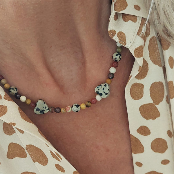﻿Add a bit of autumnal colour to your wardrobe with this cute necklace 4mm agate beads, gold plated hematite & dalmatian stone hearts with gold plated fastenings & star charm. Length - 42cm  Super little addition to your Winter wardrobe!  **Presented in lovely Kraft paper gift box with reusable organza pouch**