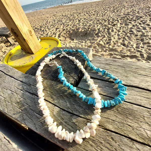 Super cool surf choker, handmade with natural stone chip &amp; silver plated hematite beads with star charm

Silver plated fastenings &amp; clasp&nbsp;with silver (nickel free) 'made with love' heart&nbsp;

length 40cm

Available in Turquoise, Watermelon or White

Fabulous vibrant necklace to wear with all your favourite outfits!