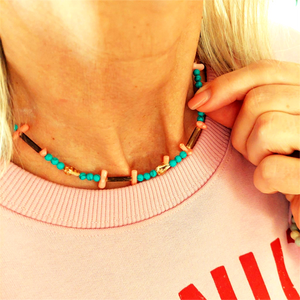 'Flossie' Sweet beach necklace, handmade with pink bamboo chips, coconut tubes, shells & turquoise calcite beads ﻿The necklace has rose gold plated fastenings, lobster clasp & made with love heart. Length - 42cm Super cute gift for any beach lover! **Presented in lovely Kraft paper gift box with reusable organza pouch** **To keep your quaypieces looking great, always take me off before showering or swimming**
