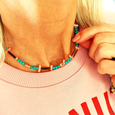 'Flossie' Sweet beach necklace, handmade with pink bamboo chips, coconut tubes, shells & turquoise calcite beads ﻿The necklace has rose gold plated fastenings, lobster clasp & made with love heart. Length - 42cm Super cute gift for any beach lover! **Presented in lovely Kraft paper gift box with reusable organza pouch** **To keep your quaypieces looking great, always take me off before showering or swimming**