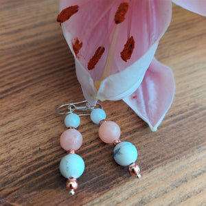 Pretty Handmade earrings with white/grey marble effect natural calcite stone, peachy  pink, white quartz & rose gold beads.  925 Sterling Silver Hook  Length 35mm from bottom of hook  Lovely Summer vibes with these cute earrings!