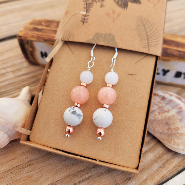 Pretty Handmade earrings with white/grey marble effect natural calcite stone, peachy  pink, white quartz & rose gold beads.  925 Sterling Silver Hook  Length 35mm from bottom of hook  Lovely Summer vibes with these cute earrings!