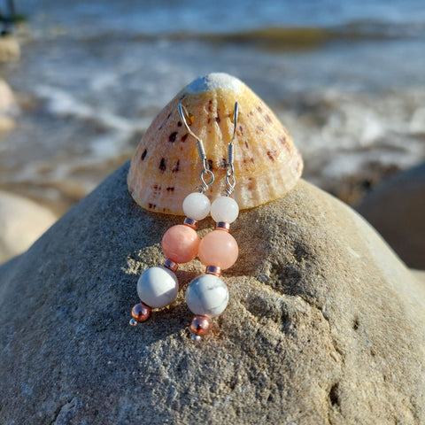 retty Handmade earrings with white/grey marble effect natural calcite stone, peachy pink, white quartz & rose gold beads. 925 Sterling Silver Hook Length 35mm from bottom of hook Lovely Summer vibes with these cute earrings!