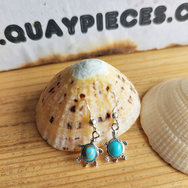 Super Cute Turquoise Turtle Earrings with engraved legs & outer edge  H - 25mm (from top of hook)  x W - 8mm   Lovely little gift for any ocean lover