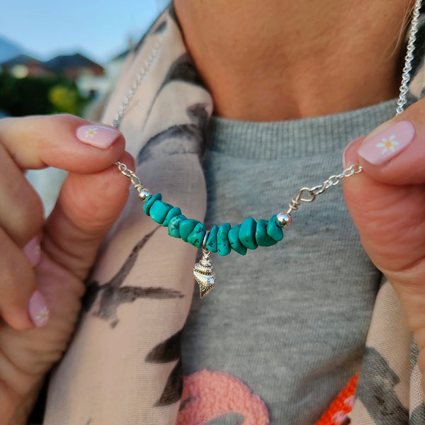 Handmade ﻿925 Hall Marked Sterling Silver necklace with turquoise stone chips & Sterling Silver Conch Shell   18" Recycled Silver trace chain with star charm  Length - 43cm/17ins with extension chain to 46cm/18ins  Super Cute Gift for any surf chick!