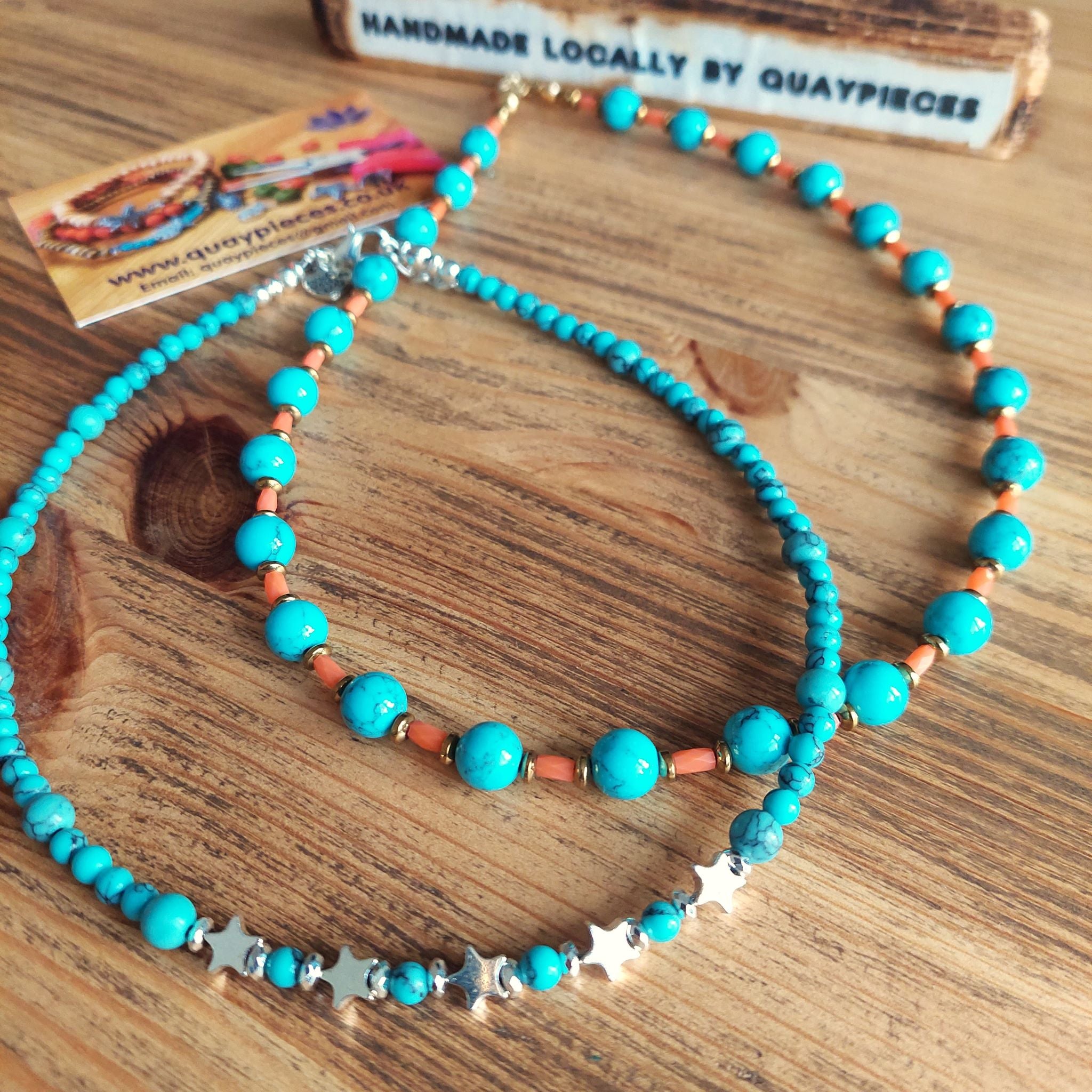 Lovely 8mm turquoise calcite beads & coral glass tubes with gold hematite discs  Gold plated fastenings & lobster clasp with gold (nickel free) star charm  Length - 47cm   Perfect for wearing with those snuggly winter jumpers!  **Presented in lovely Kraft paper gift box with reusable organza pouch**