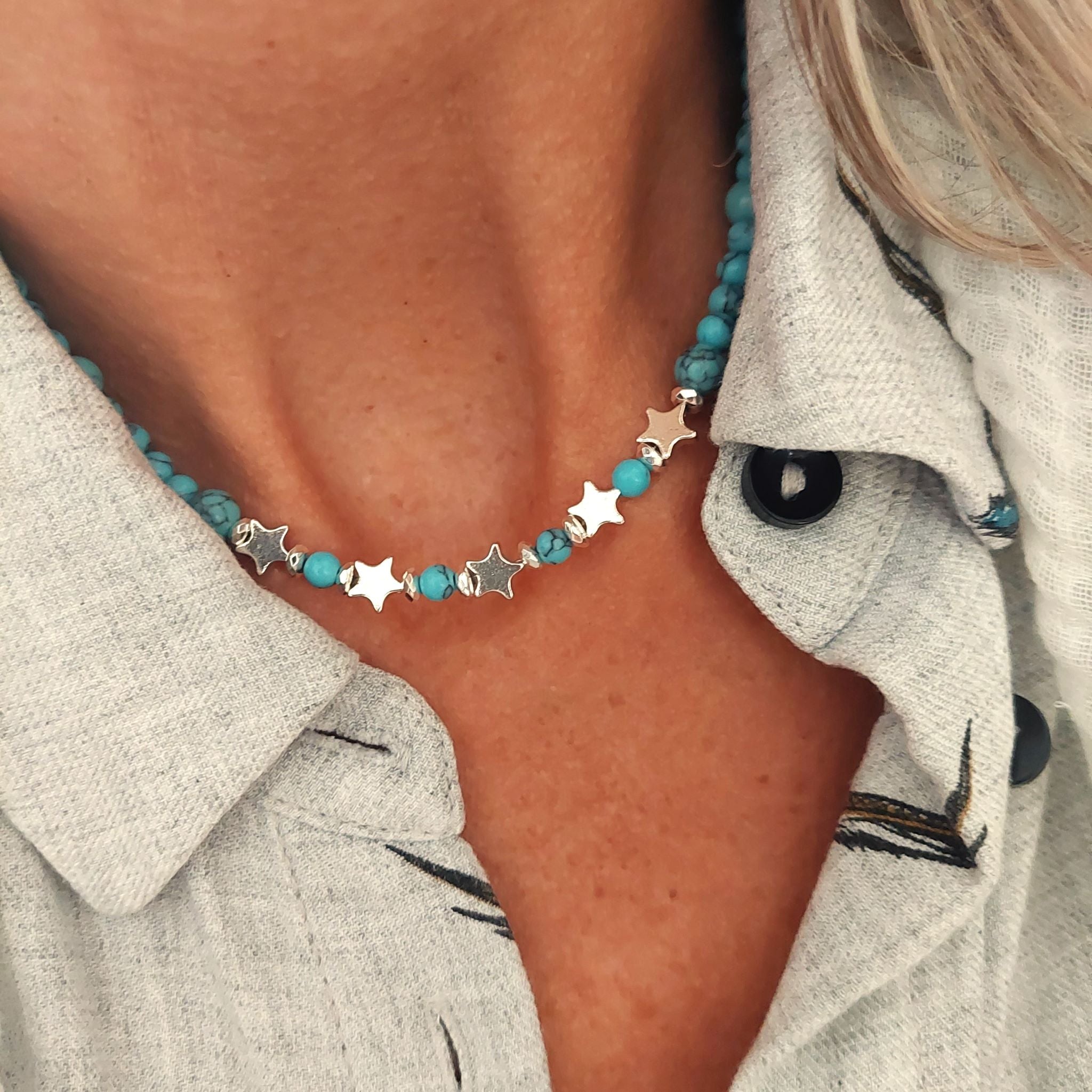 Lovely turquoise calcite beads with silver hematite discs & stars necklace  Silver plated fastenings & lobster clasp with silver (nickel free) star charm plus made with love heart  Length - 39cm with extension chain to 43cm  Perfect little gift for a friend!
