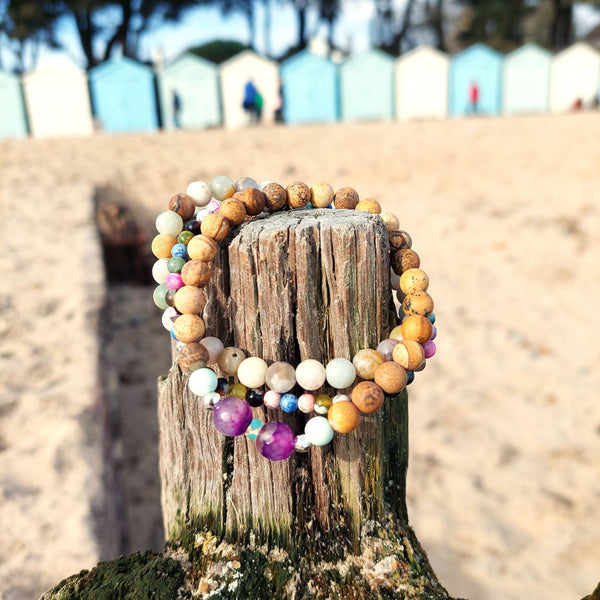 <p data-mce-fragment="1">Handcrafted Collection of 3 Natural Stone Beaded Bracelets</p> <p data-mce-fragment="1">Each Bracelet is individually designed, (1) 6mm multi aqua colour natural stone quartz beads (2) 6mm brown matt natural stone beads with purple agate, mint &amp; silver plated hematite beads plus (3) 4mm multicolour agate beads</p> <p data-mce-fragment="1">Elasticated, so will fit most adult wrists (measuring 7.5 in/19cm)</p>