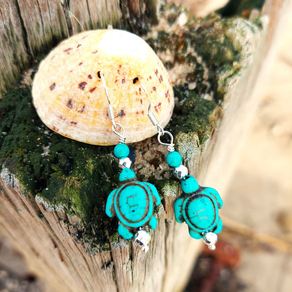 Super cute howlite turtle earrings with silver plated beads - available in 2 colours  Turquoise or Ivory  925 Sterling Silver Hook  Length 35mm from bottom of hook  Fun accessory for your Summer outfits!