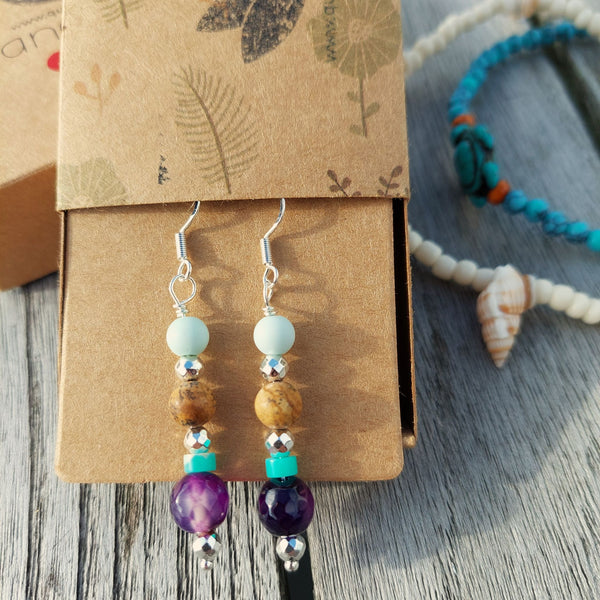 Lovely ethnic style earrings handmade with natural stone & silver plated hematite beads/discs in aqua green, mocha & purple colours  925 Sterling Silver Hook  Length 35mm from bottom of hook  Sweet little gift for family & friends!  **Presented in lovely Kraft paper gift box with reusable organza pouch**