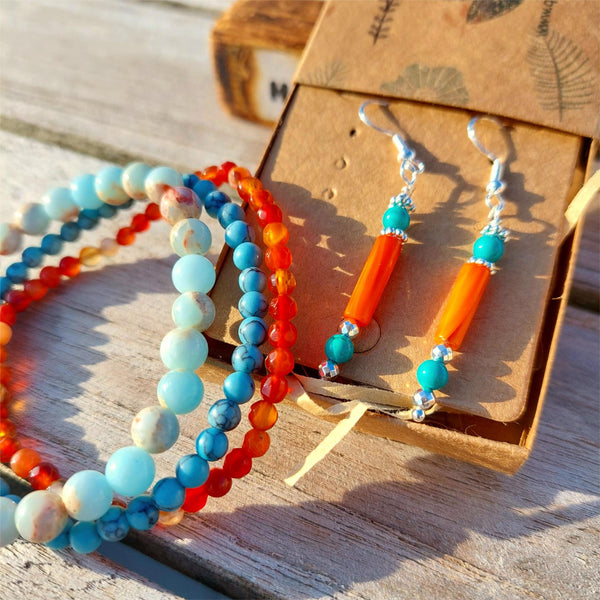 Super cool handcrafted set of 3 Beaded Bracelets

Each Bracelet is individually designed one with 4mm turquoise calcite beads, the second with&nbsp;4mm faceted amber agate beads &amp; the third with 6mm pale blue jasper beads.
A perfect Summer combination!

Elasticated, so will fit most adult wrists (measuring 7.5 in/19cm
(they are designed to fit snugly)

**Presented in lovely Kraft paper gift box with reusable organza pouch**