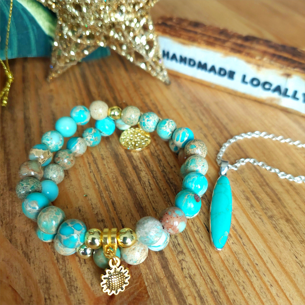 Madge - Pale Blue & Sand Jasper Bead Bracelet