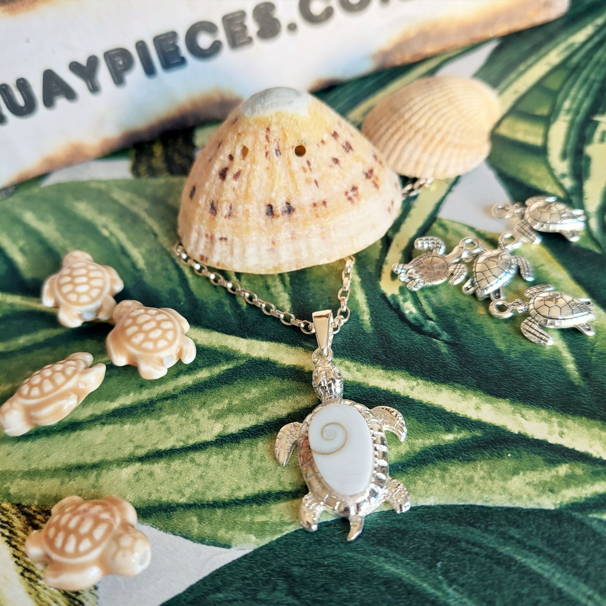 ﻿925 Hall Marked Silver Gorgeous White Turtle Pendant decorated with Shiva Shell, engraved outer edge & legs H 38 mm x W 30 mm Long 28" Sterling Silver curb chain with lobster clasp ﻿**Presented in lovely Kraft paper gift box with reusable organza pouch**