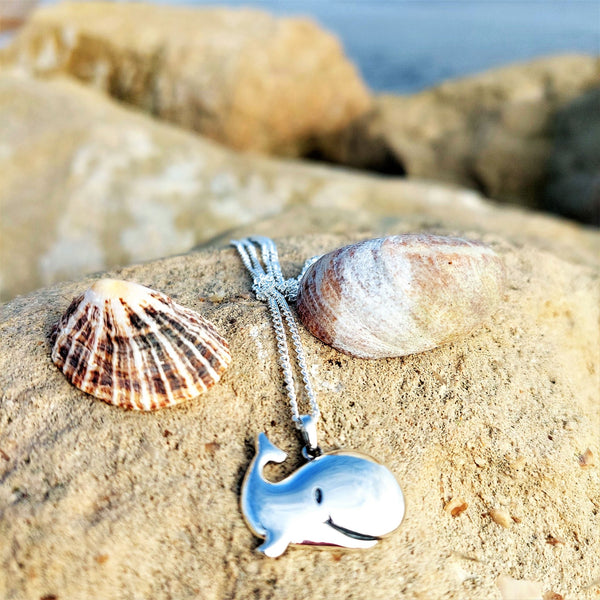How cute is this Whale pendant?   ﻿925 Hall Marked Silver  H 21 mm x W 25 mm  Long 26" Sterling Silver curb chain with lobster clasp  Make someone's day with the super smiley Moby!   ﻿**Presented in lovely Kraft paper gift box with reusable organza pouch**  ﻿﻿