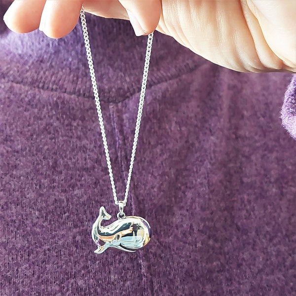How cute is this Whale pendant?   ﻿925 Hall Marked Silver  H 21 mm x W 25 mm  Long 26" Sterling Silver curb chain with lobster clasp  Make someone's day with the super smiley Moby!   ﻿**Presented in lovely Kraft paper gift box with reusable organza pouch**  ﻿﻿