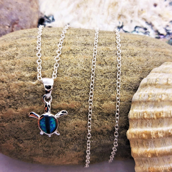 'Tilly'  925 Hall Marked Sterling Silver  Adorable Silver Turtle Pendant decorated with Blue/Green Opal  H 20 mm x W 12 mm    18" Silver 1 mm curb chain with lobster clasp   **Presented in lovely Kraft paper gift box with reusable organza pouch**