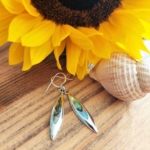 925 Hall Marked Sterling Silver  Gorgeous Blue/green diamond shaped Abalone Drop Hook Earring  H - 35mm (from top of hook)  x W - 7mm   Perfect gift for any ocean lover  **Presented in lovely Kraft paper gift box with reusable organza pouch**  ﻿﻿