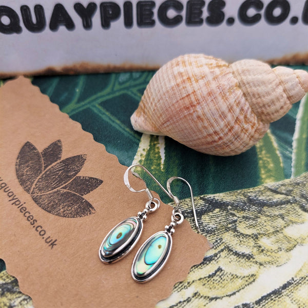 ﻿﻿925 Hall Marked Sterling Silver  Super Cute Oval blue/green Abalone Drop Hook Earring  H - 28mm (from top of hook)  x W - 6mm   Perfect gift for any ocean lover  **Presented in lovely Kraft paper gift box with reusable organza pouch**