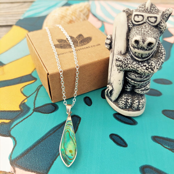'Willow'  ﻿925 Hall Marked Sterling Silver  Diamond shaped Abalone Pendant   H 40 mm x W 9 mm  18" Silver 2.3mm trace chain  Lovely contemporary piece for everyday wear  **Presented in lovely Kraft paper gift box with reusable organza pouch**