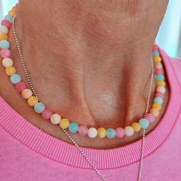Sweet handmade 6mm matt natural stone bead necklace in gorgeous pastel shades of peach, lemon, pink & pale blue, just like sugared almonds!  Silver plated fastenings & lobster clasp with silver (nickel free) 'made with love' & star charm  Length - 41cm   Perfect for wearing with those cool summer T-shirts!  **Presented in lovely Kraft paper gift box with reusable organza pouch**