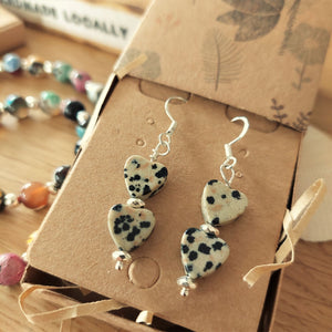 ﻿Gorgeous Handmade Dalmatian Jasper stone heart earrings with silver hematite beads   925 Sterling Silver Hook  Length 30mm from bottom of hook  Perfect little gift for a friend!  **Presented in lovely Kraft paper gift box with reusable organza pouch**