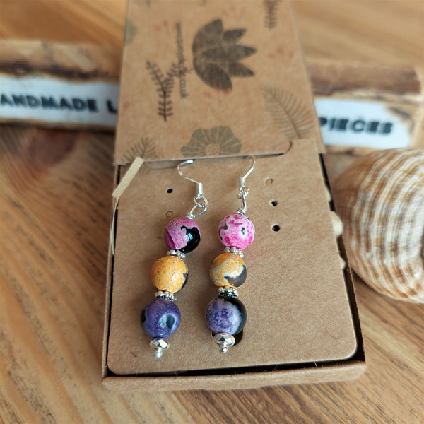 Lovely handmade multicolour agate bead earrings  With a vintage look & a touch of bohemian style, each beautiful stone bead is a different  colour divided by silver plated hematite beads  925 Sterling Silver Hook  Length 40mm from bottom of hook  Perfect for any Boho chick!