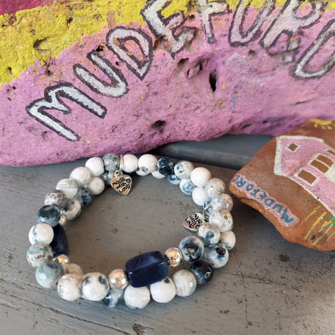 8mm semi precious faceted cut stone bead bracelet in white/grey/navy opal colour with blue rectangle charm & made with love heart (nickel free) ﻿Elasticated, so will fit most adult wrists (measuring 71/2 in/19cm) Lovely gift for friends or family **Presented in lovely Kraft paper gift box with reusable organza pouch**