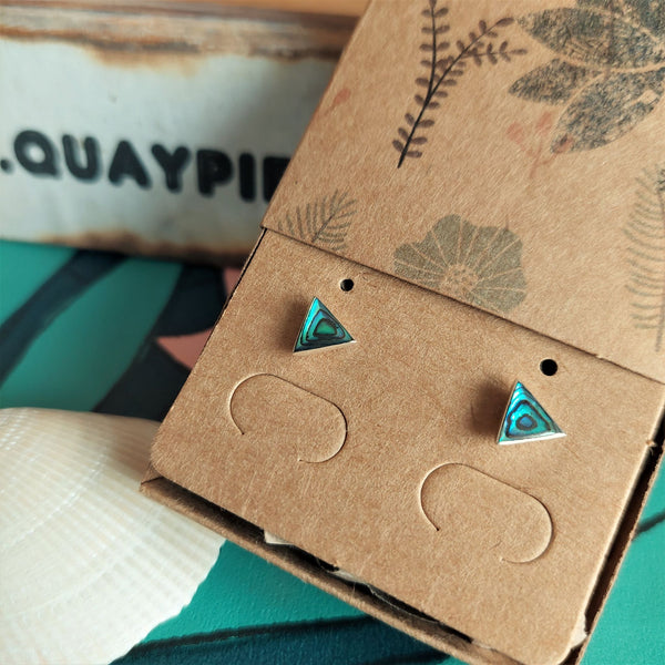 925 Hall Marked Sterling Silver  Super Cute blue/green Abalone Triangle shaped Stud Earring  H - 7mm x W - 7mm   Perfect for everyday wear!  **Presented in lovely Kraft paper gift box with reusable organza pouch**