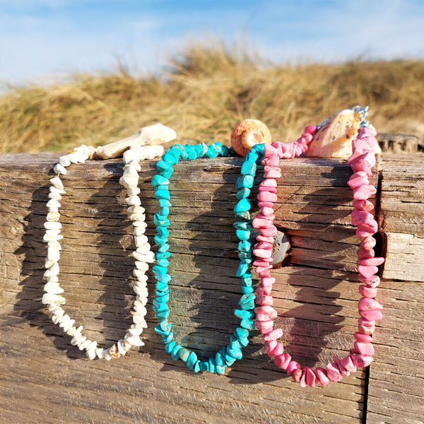 Super cool surf choker, handmade with natural stone chip & silver plated hematite beads with star charm Silver plated fastenings & clasp with silver (nickel free) 'made with love' heart length 40cm Fabulous vibrant necklace to wear with all your favourite outfits! Gift wrapped & presented in a pretty organza pouch **To keep your quaypieces looking great, always take me off before showering or swimming**