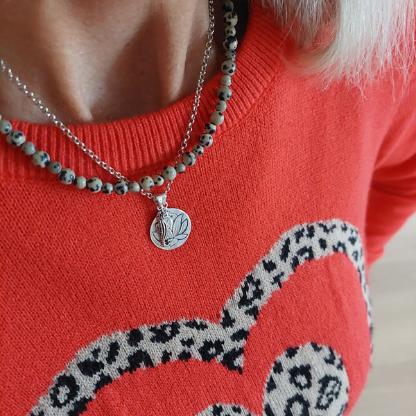 Handmade Dalmatian Jasper bead Necklace with silver plated fastenings, lobster claps & 'Made with love' heart.  This distinctive gemstone is pale grey with black spots of iron oxide. This stone gets its name from its similarity to the coat of a Dalmatian breed of dog!  A Lovely contemporary necklace, looks great alone or layered!  Length - 44cm  **Presented in lovely Kraft paper gift box with reusable organza pouch**  **To keep your quaypieces looking great, always take me off before showering or swimming**