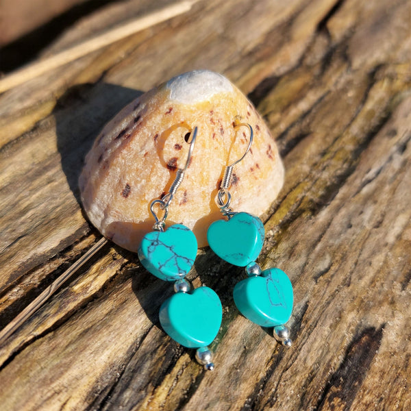 Gorgeous Handmade Turquoise stone heart earrings with sterling silver beads   925 Sterling Silver Hook  Length 30mm from bottom of hook  Add a pop of colour to your outfit!  **Presented in lovely Kraft paper gift box with reusable organza pouch**