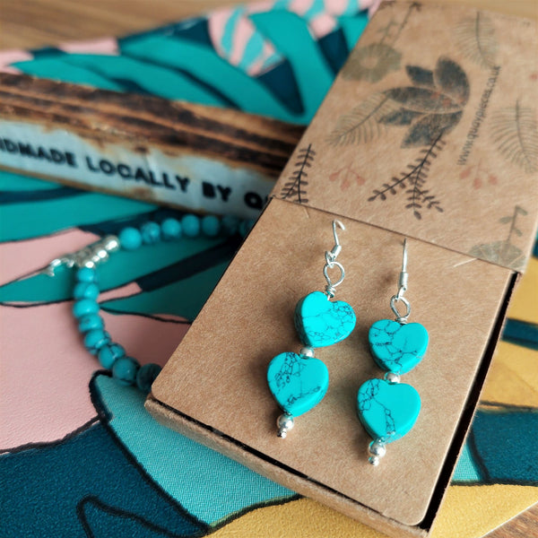 Gorgeous Handmade Turquoise stone heart earrings with sterling silver beads   925 Sterling Silver Hook  Length 30mm from bottom of hook  Add a pop of colour to your outfit!  **Presented in lovely Kraft paper gift box with reusable organza pouch**