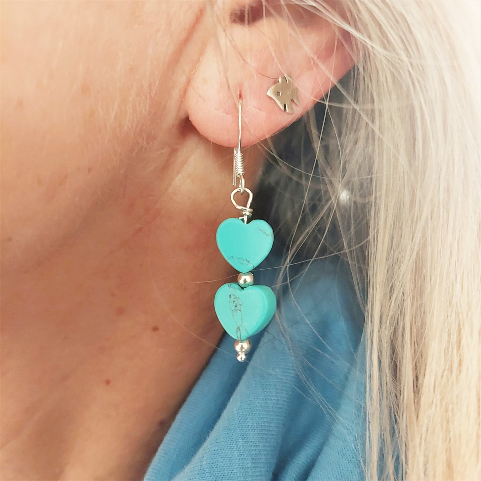 Gorgeous Handmade Turquoise stone heart earrings with sterling silver beads 925 Sterling Silver Hook Length 30mm from bottom of hook Add a pop of colour to your outfit! **Presented in lovely Kraft paper gift box with reusable organza pouch**