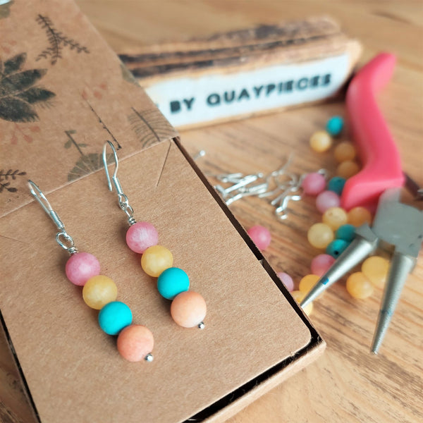 Lovely Summery 6mm natural stone quartz beads in pastel colours   925 Sterling Silver Hook  Length 35mm from bottom of hook  Perfect addition to your Summer outfits!  **Presented in lovely Kraft paper gift box with reusable organza pouch**